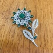GÜMÜŞ TELKARİ YEŞİL KÖK ZÜMRÜT TAŞLI ÇİÇEK BROŞ