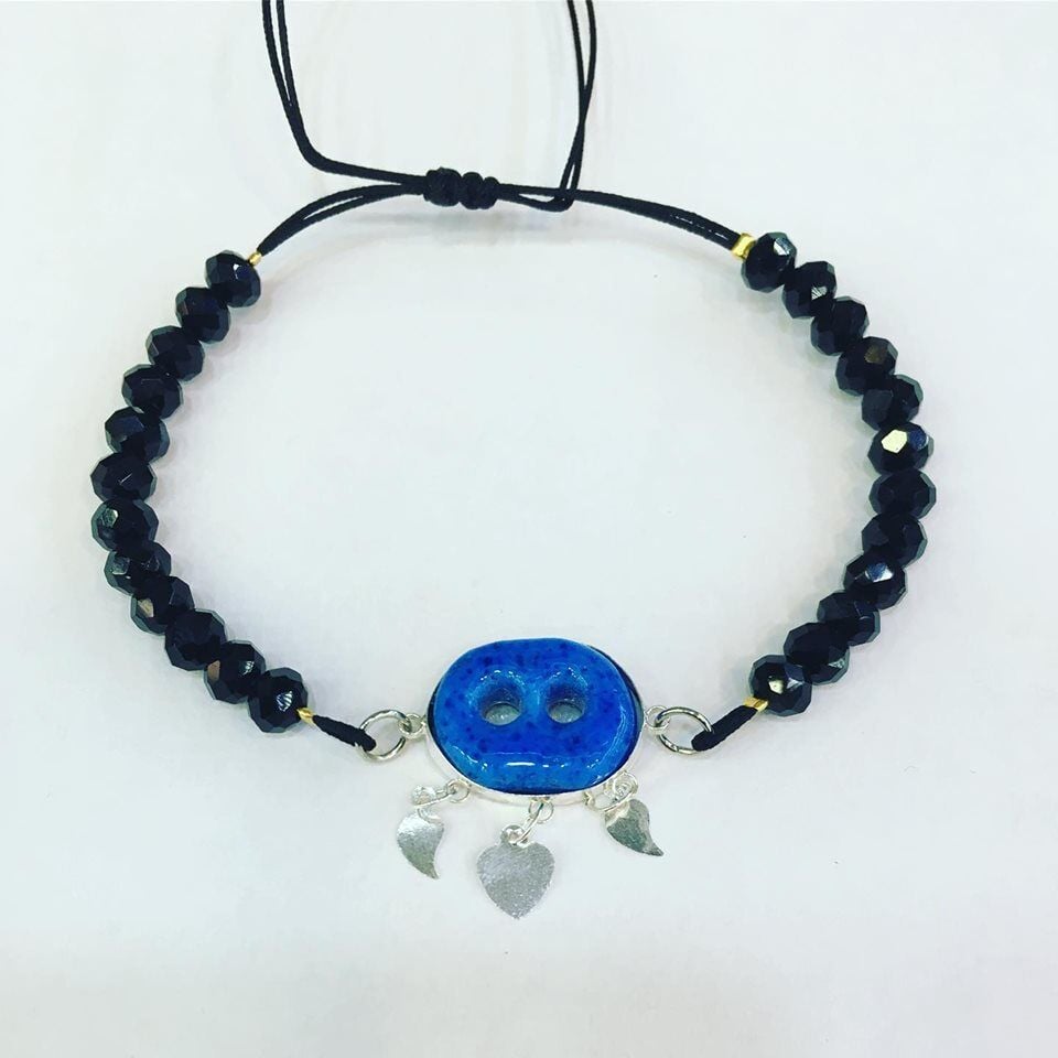 Gümüş 925 Ayar Siyah Kristal Taşlı Süryani Nazar Boncuklu Bileklik