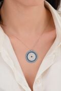 30 mm Gümüş Turkuaz ve Zirkon Taşlı Nazar Boncuğu Boncuklu Kolye
