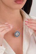 25 mm Gümüş Turkuaz ve Zirkon Taşlı Nazar Boncuğu Boncuklu Kolye