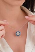 20 mm Gümüş Turkuaz ve Zirkon Taşlı Nazar Boncuğu Boncuklu Kolye