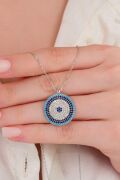 20 mm Gümüş Turkuaz ve Zirkon Taşlı Nazar Boncuğu Boncuklu Kolye