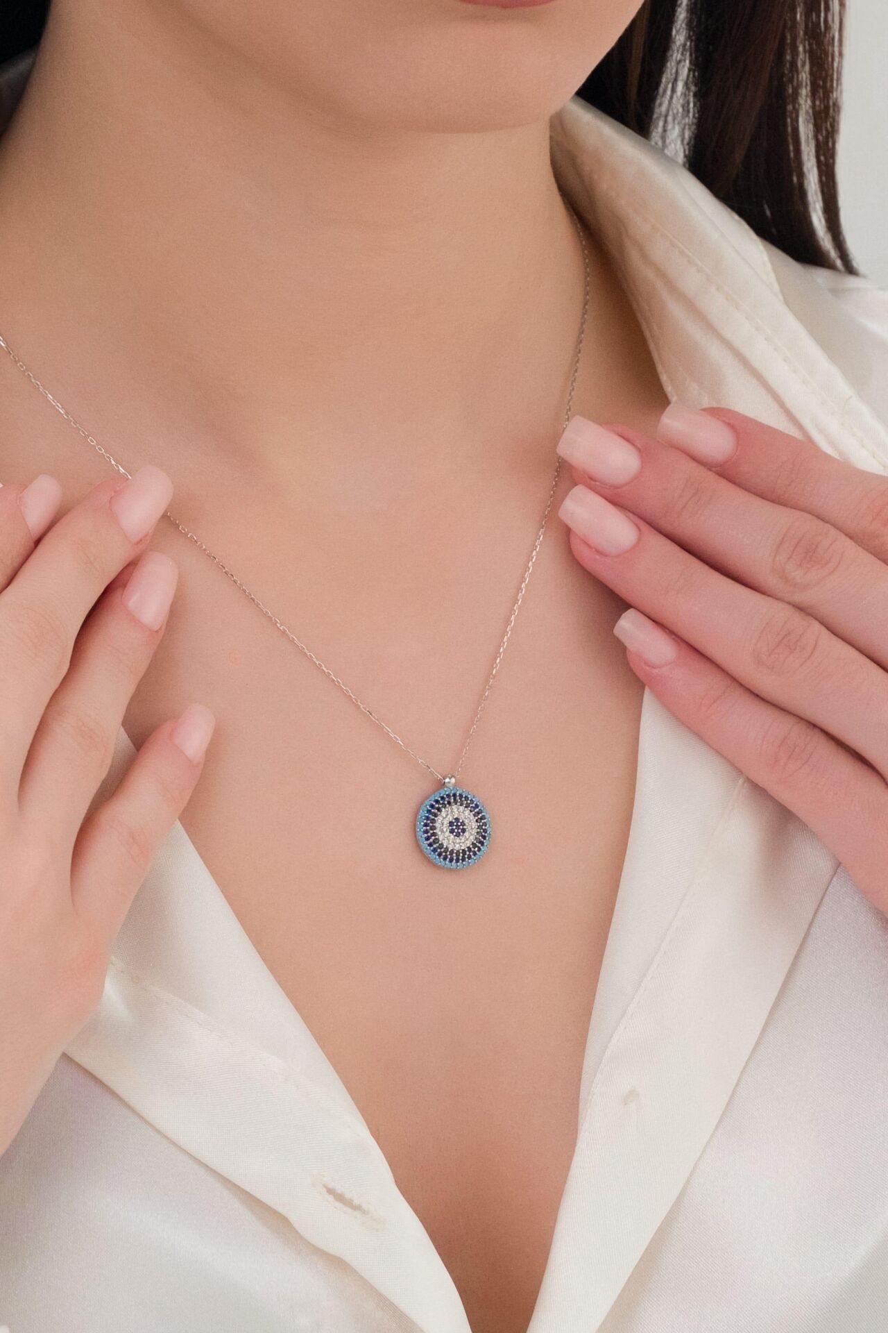 15 mm Gümüş Turkuaz ve Zirkon Taşlı Nazar Boncuğu Boncuklu Kolye