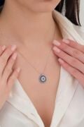 15 mm Gümüş Turkuaz ve Zirkon Taşlı Nazar Boncuğu Boncuklu Kolye