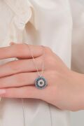 15 mm Gümüş Turkuaz ve Zirkon Taşlı Nazar Boncuğu Boncuklu Kolye