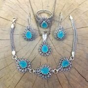 GÜMÜŞ TELKARİ TURKUAZ TAŞLI DAMLA SET