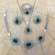 925 Ayar Gümüş Telkari Yeşil Damla Set