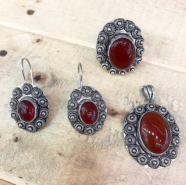 925 AYAR GÜMÜŞ TELKARİ AKİK TAŞLI SET