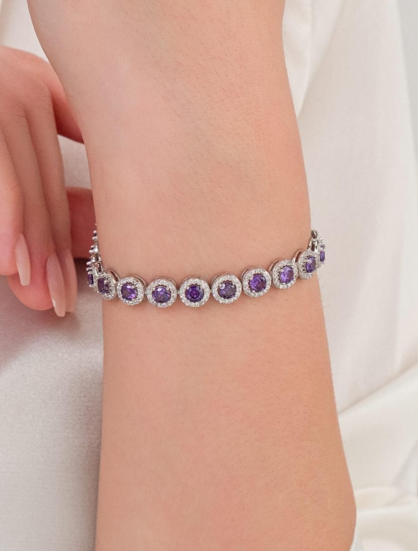 Gümüş Yuvarlak Mor Ametist ve Zirkon Taşlı Rodyumlu Su Yolu Bileklik