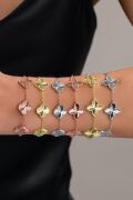 Gümüş Üçlü Yonca Çiçek Rose Gold ve Altın Kaplama Kalemli Lazer İşlemeli Taşsız Bileklik