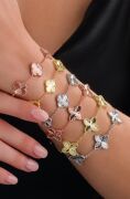 Gümüş Üçlü Yonca Çiçek Rose Gold ve Altın Kaplama Kalemli Lazer İşlemeli Taşsız Bileklik