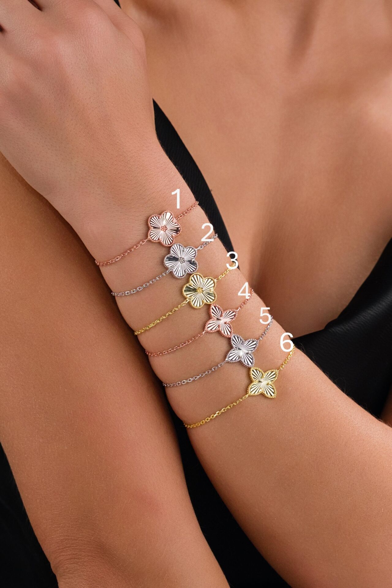 Gümüş Yonca Çiçek Rose Gold ve Altın Kaplama Lazer İşlemeli Taşsız Bileklik