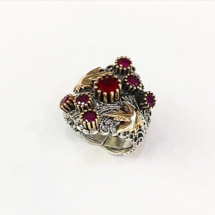 925 AYAR GÜMÜŞ TELKARİ KÖK YAKUT TAŞLI YÜZÜK