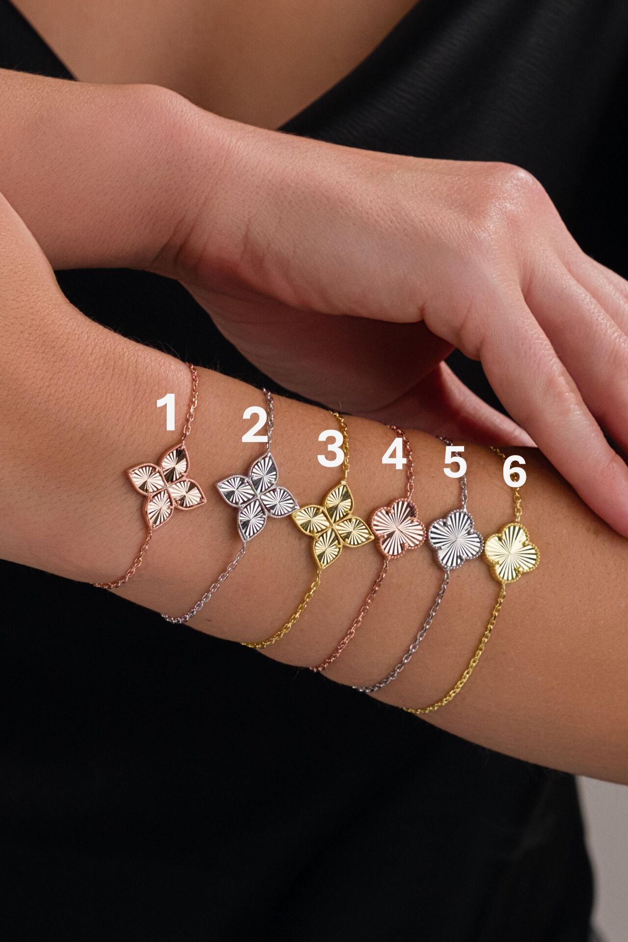 Gümüş Yonca Çiçek Rose Gold ve Altın Kaplama Lazer İşlemeli Kalemli Taşsız Bileklik