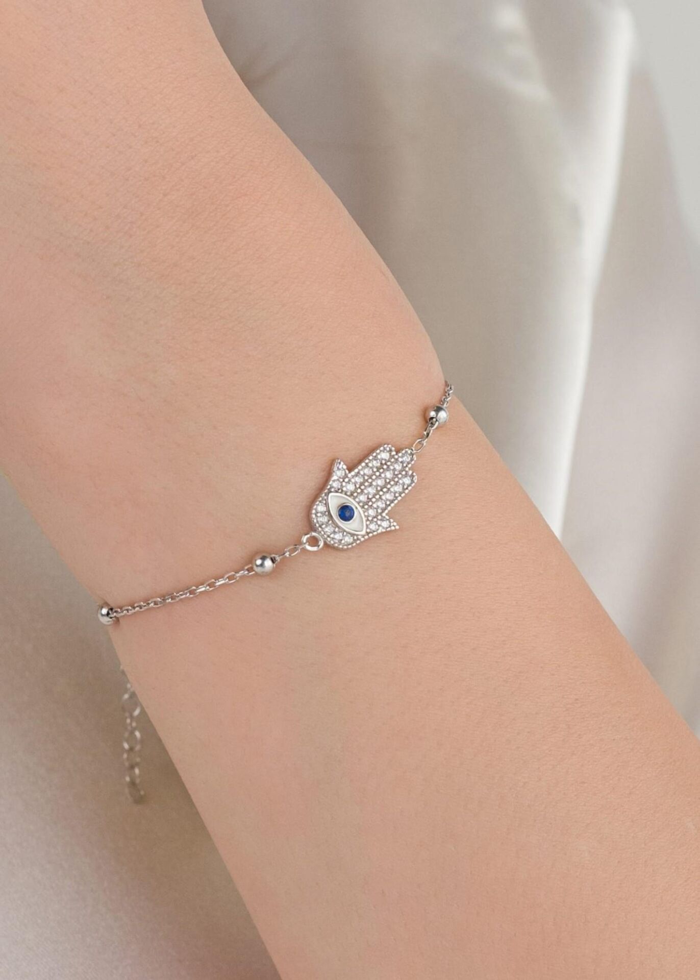 Gümüş Fatma Ana Eli El Mavi Nazar Boncuklu Göz Bileklik