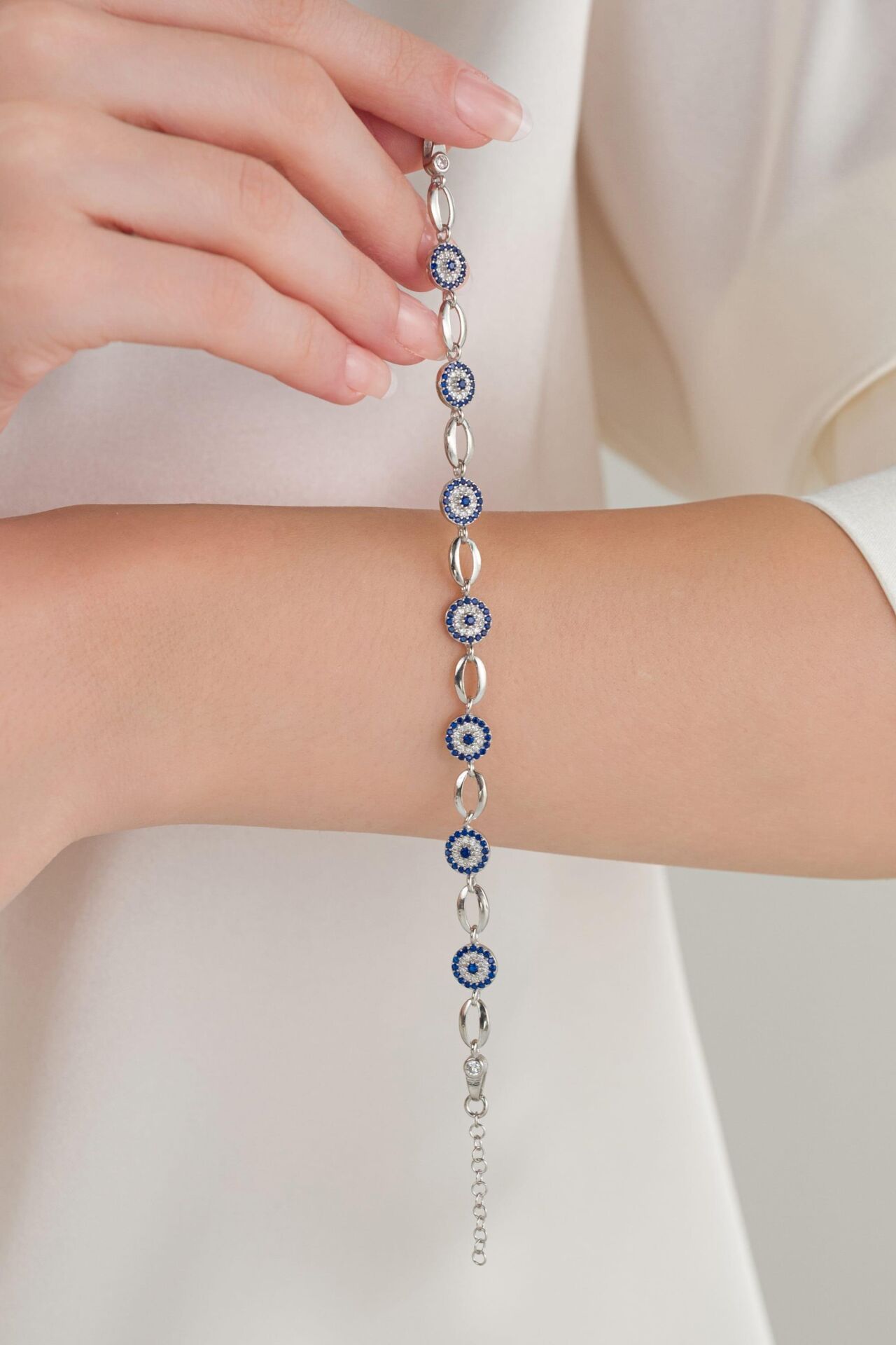 Gümüş Mavi Nazar Boncuklu Göz  Bileklik