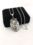 GÜMÜŞ KURT BAŞI GÖKTÜRKÇE TÜRK YAZILI ERKEK KOLYE