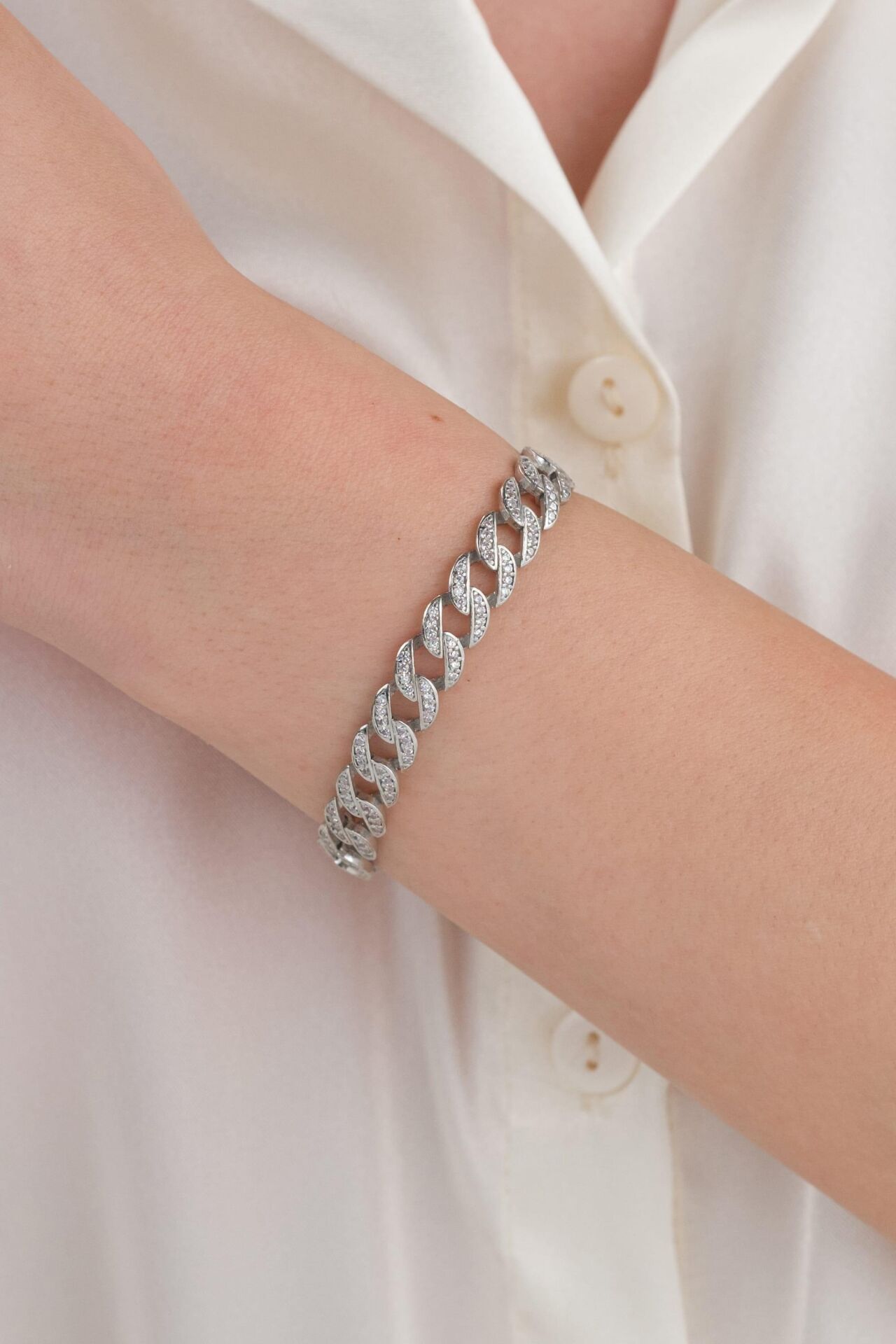 8 MM Gümüş Tam Tur Sıralı Beyaz Zirkon Taşlı Gurmet Zincir Bileklik