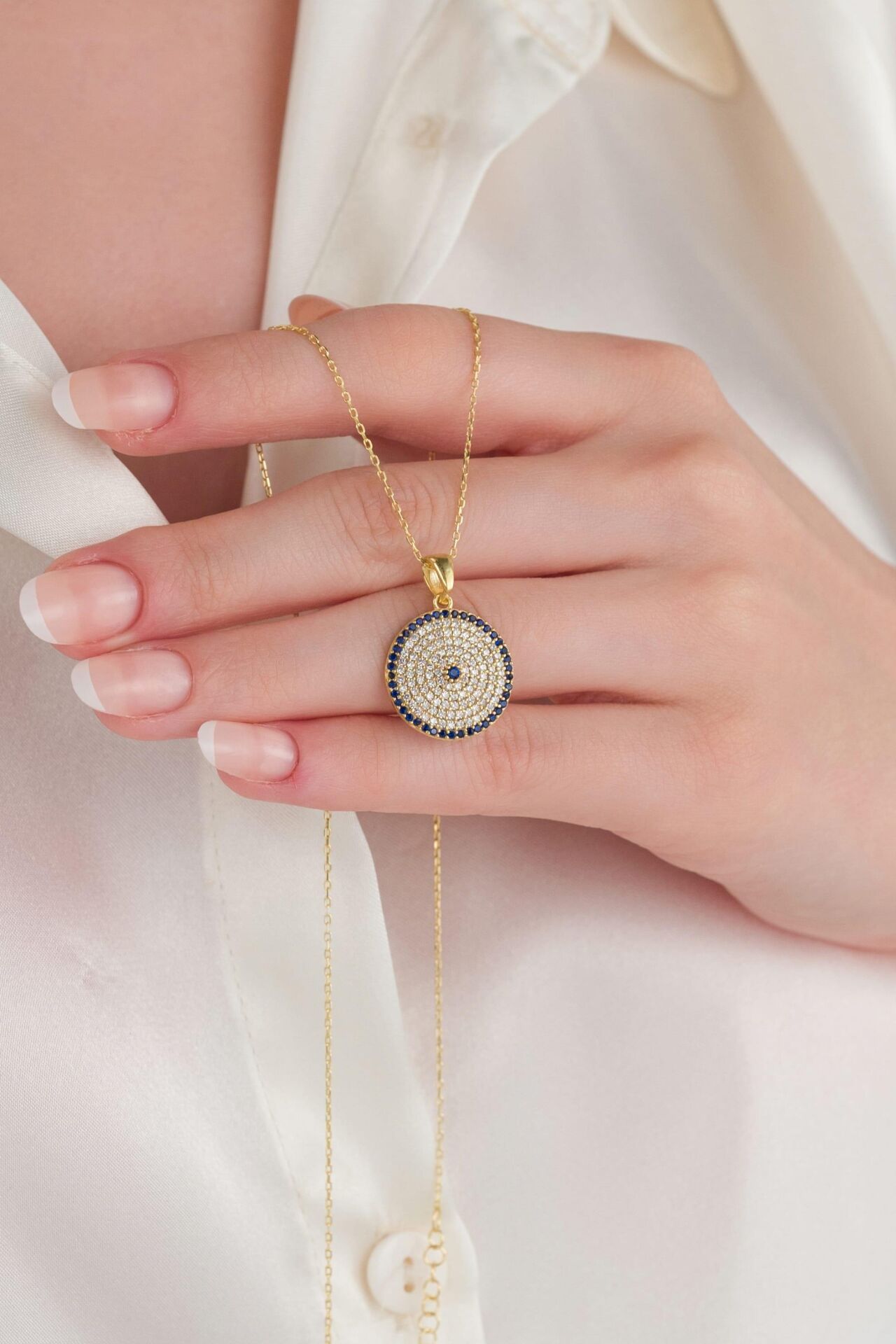 17 MM GÜMÜŞ ALTIN KAPLAMA NAZAR BONCUKLU ZİRKON TAŞLI MAVİ GÖZ KOLYE