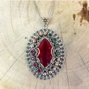 925 AYAR GÜMÜŞ TELKARİ EİL İŞİ KIRMIZI ZİRKON TAŞLI KOLYE