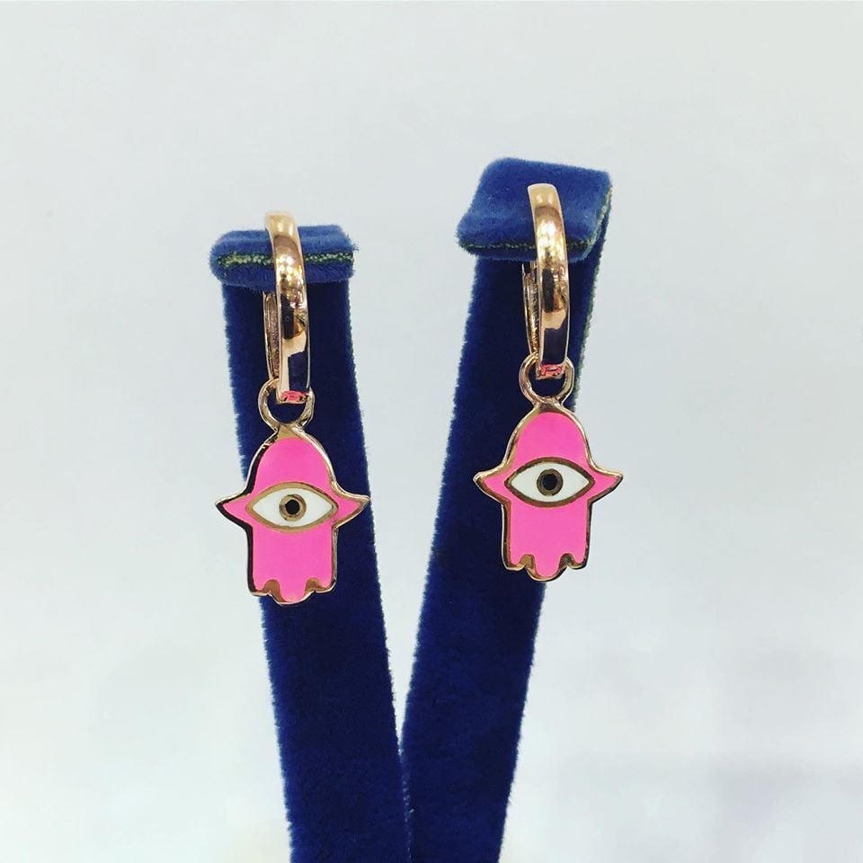 GÜMÜŞ ROSE BRONZ PEMBE MİNE İŞLEMELİ EL VE GÖZ KÜPE