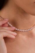 Gümüş Rose Gold Kaplama Beyaz Zirkon Taşlı Pırlanta Modeli Su Yolu Choker Tasma Kolye