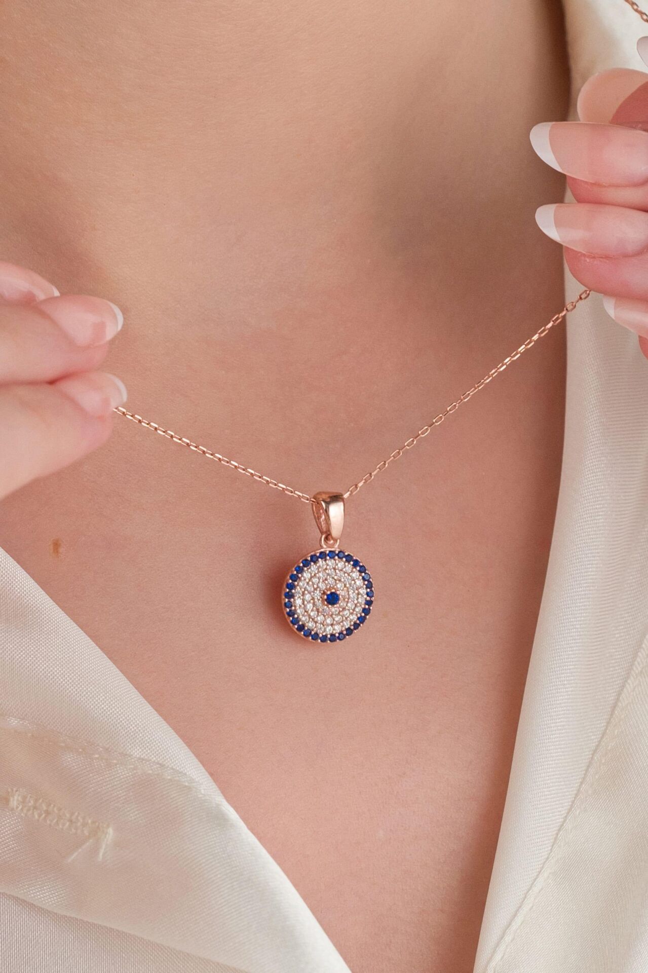 12 mm GÜMÜŞ Rose Kaplama Nazar Boncuklu Boncuğu Zirkon Taşlı Mavi Göz Kolye