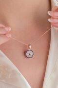 12 mm GÜMÜŞ Rose Kaplama Nazar Boncuklu Boncuğu Zirkon Taşlı Mavi Göz Kolye