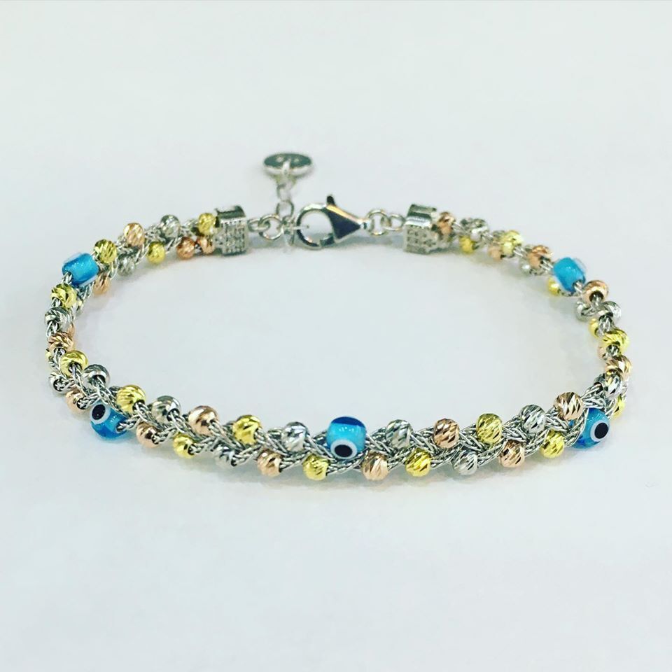 Nazar Boncuklu Dorissa Altın Yaldızlı Rose Gümüş Bileklik