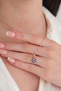 7.5 mm Gümüş Minimal Rose Kaplama Mavi Lacivert Nazar Boncuklu Boncuğu Göz Kolye