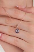 7.5 mm Gümüş Minimal Rose Kaplama Mavi Lacivert Nazar Boncuklu Boncuğu Göz Kolye