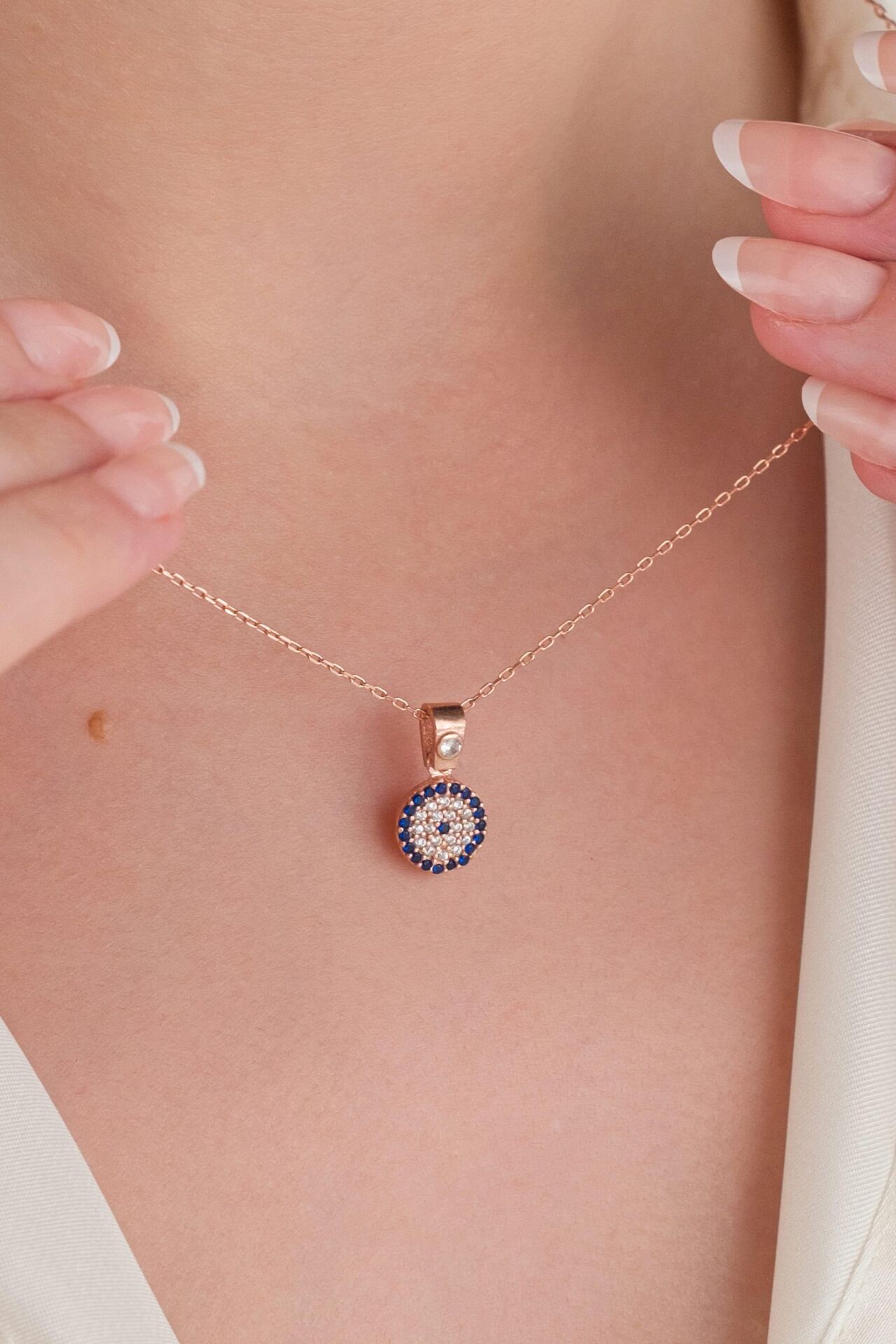 9 mm Gümüş Minimal Rose Kaplama Mavi Lacivert Nazar Boncuklu Boncuğu Göz Kolye