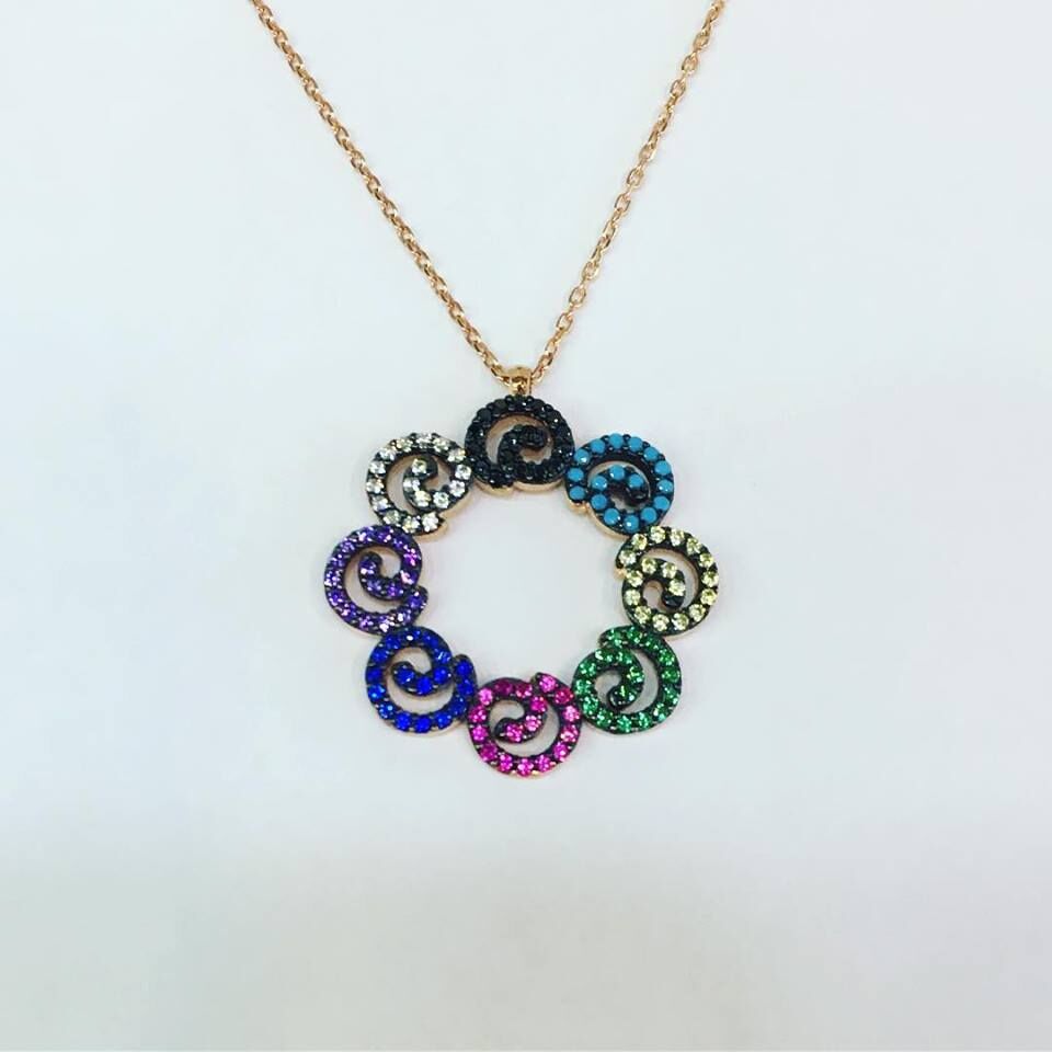 925 AYAR AYAR GÜMÜŞ RENKLİ SARMAL TAŞ KOLYE