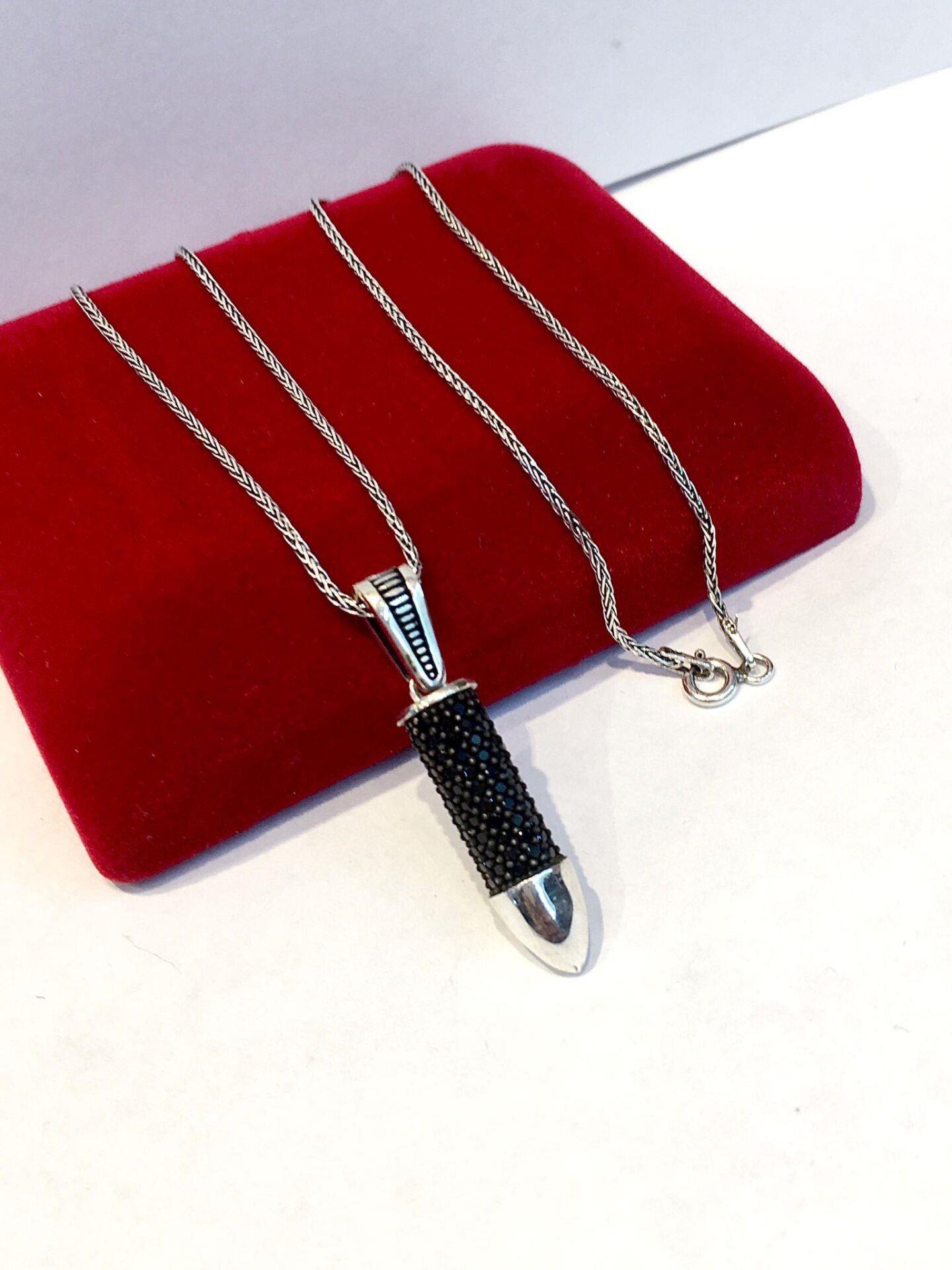 GÜMÜŞ SİYAH ZİRKON TAŞLI MERMİ KURŞUN ERKEK KOLYE