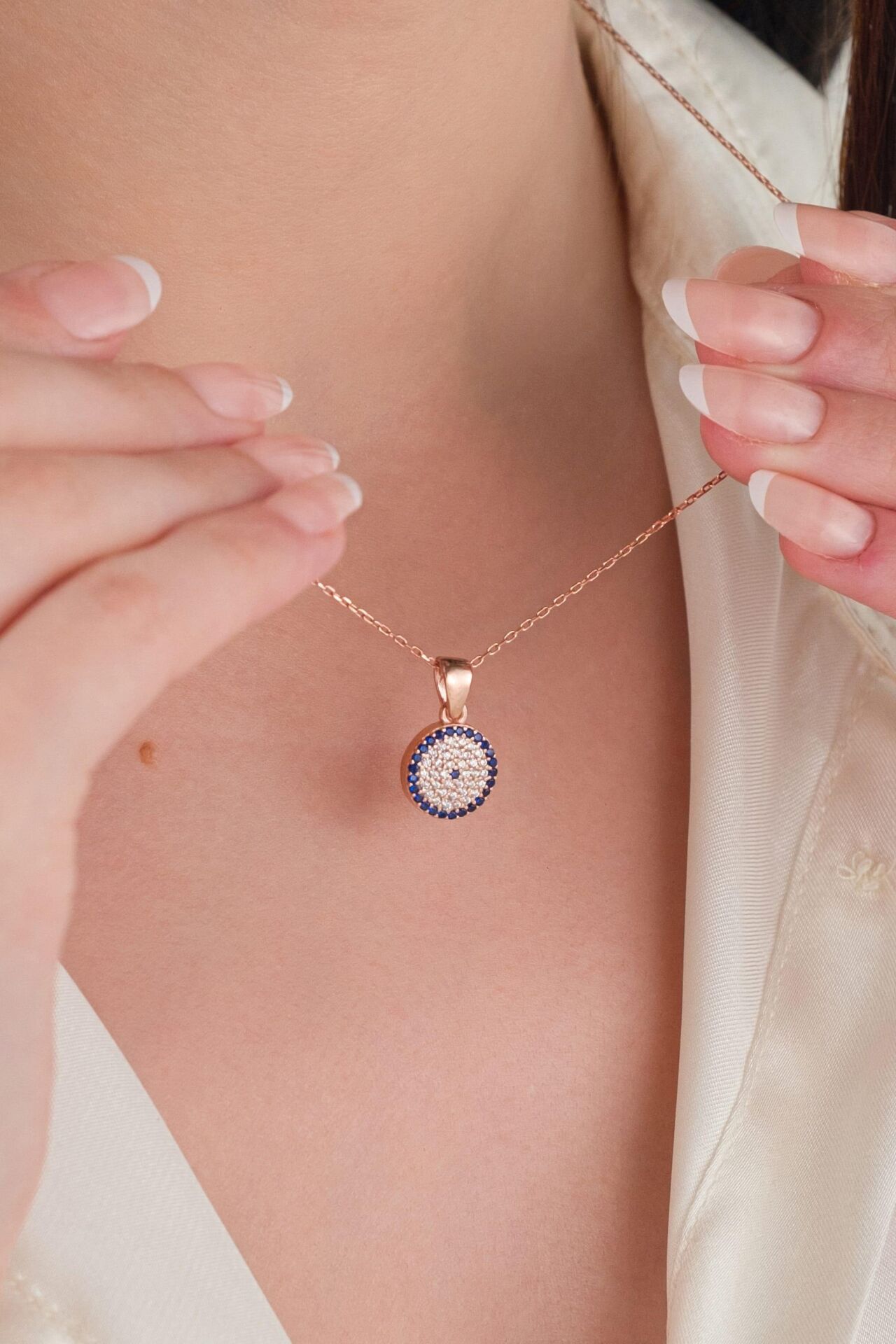 11 mm Gümüş Rose Kaplama Mavi Lacivert Nazar Boncuklu Boncuğu Göz Kolye