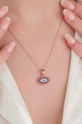 GÜMÜŞ ROSE KAPLAMA GÖZ ŞEKLİ NAZAR BONCUKLU BONCUĞU ZİRKON TAŞLI  KOLYE