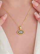 Gümüş Altın Kaplama Göz Motifli NAZAR BONCUKLU ZİRKON TAŞLI MAVİ KOLYE