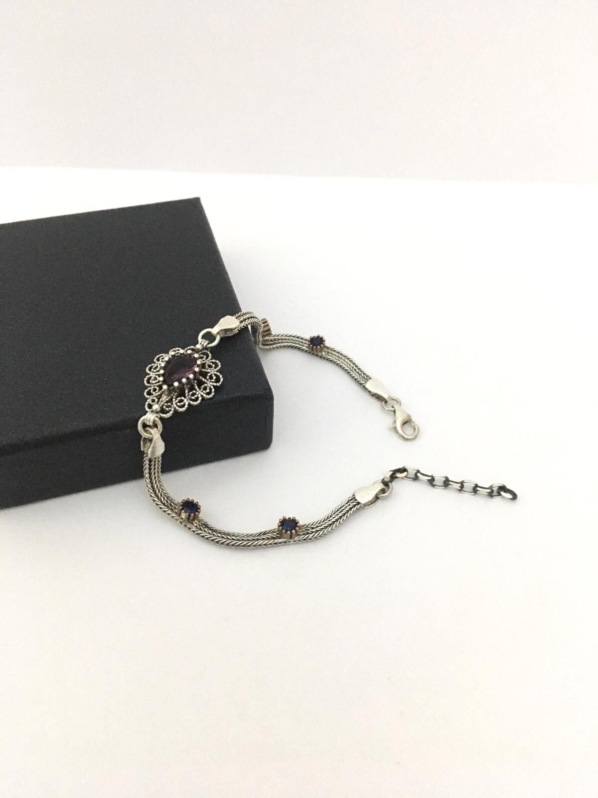 GÜMÜŞ AMETİST TAŞLI TELKARİ BİLEKLİK