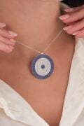 35 mm Gümüş Mavi Lacivert Zirkon Taşlı Göz Nazar Boncuğu Boncuklu Kolye