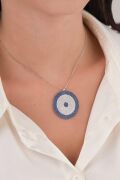 35 mm Gümüş Mavi Lacivert Zirkon Taşlı Göz Nazar Boncuğu Boncuklu Kolye