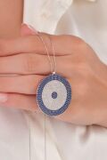 35 mm Gümüş Mavi Lacivert Zirkon Taşlı Göz Nazar Boncuğu Boncuklu Kolye