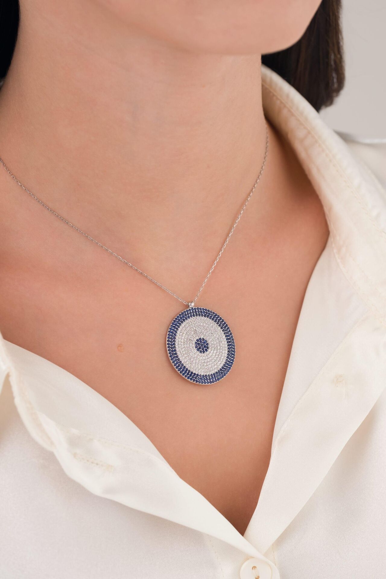 30 mm Gümüş Mavi Lacivert Zirkon Taşlı Göz Nazar Boncuğu Boncuklu Kolye