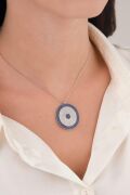 30 mm Gümüş Mavi Lacivert Zirkon Taşlı Göz Nazar Boncuğu Boncuklu Kolye
