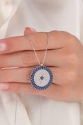 25 mm Gümüş Mavi Lacivert Zirkon Taşlı Göz Nazar Boncuğu Boncuklu Kolye