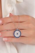 20 mm Gümüş Mavi Lacivert Zirkon Taşlı Göz Nazar Boncuğu Boncuklu Kolye
