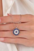15 mm Gümüş Mavi Lacivert Zirkon Taşlı Göz Nazar Boncuğu Boncuklu Kolye