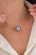 15 mm Gümüş Mavi Lacivert Zirkon Taşlı Göz Nazar Boncuğu Boncuklu Kolye