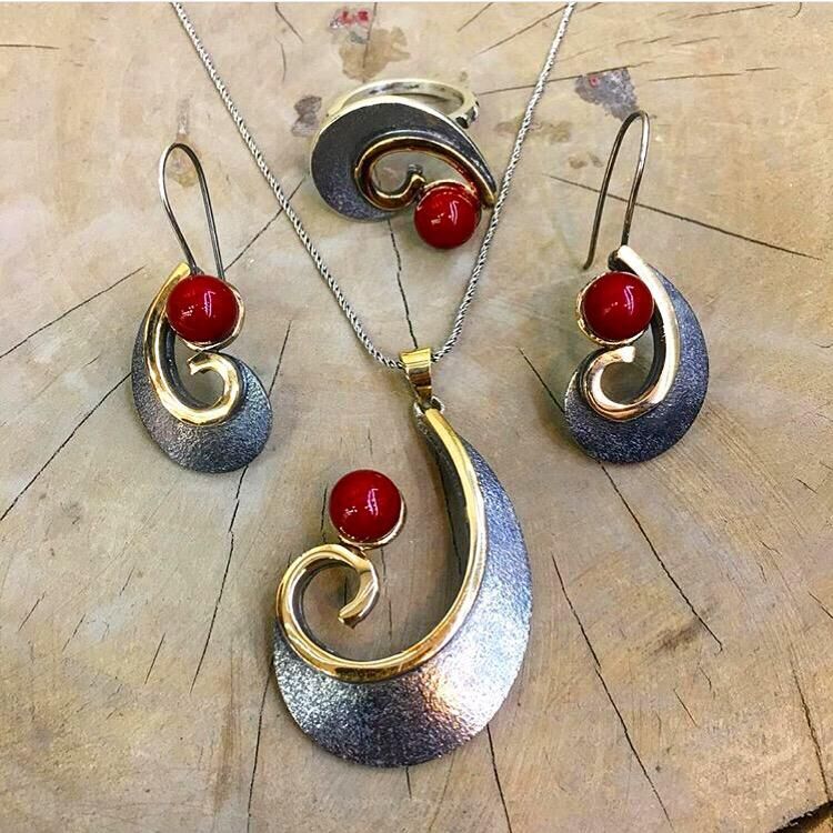 925 AYAR GÜMÜŞ KIRMIZI TAŞLI OTANTİK SET