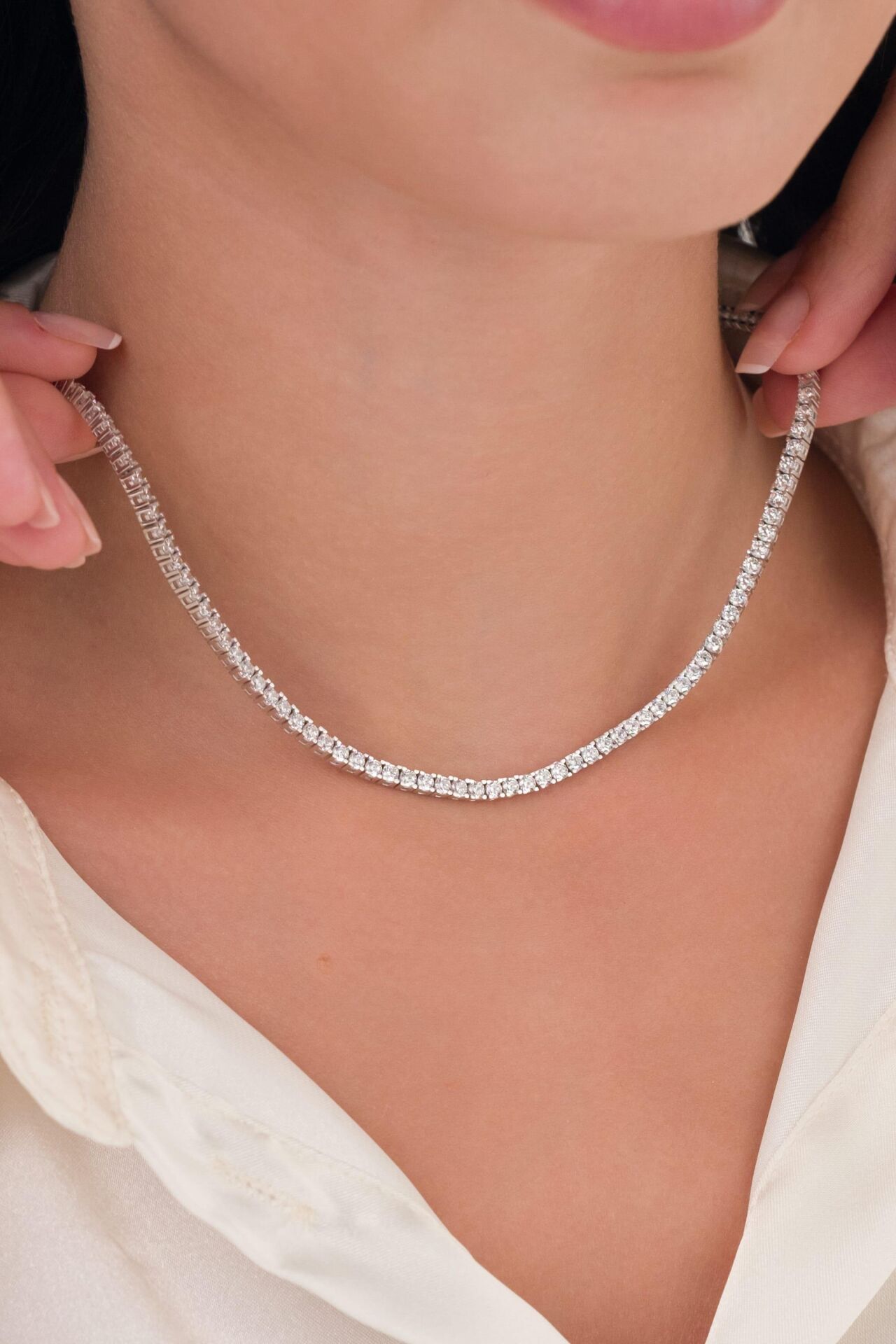 3 mm Gümüş Beyaz Zirkon Taşlı Pırlanta Modeli Su Yolu Tenis Kolye