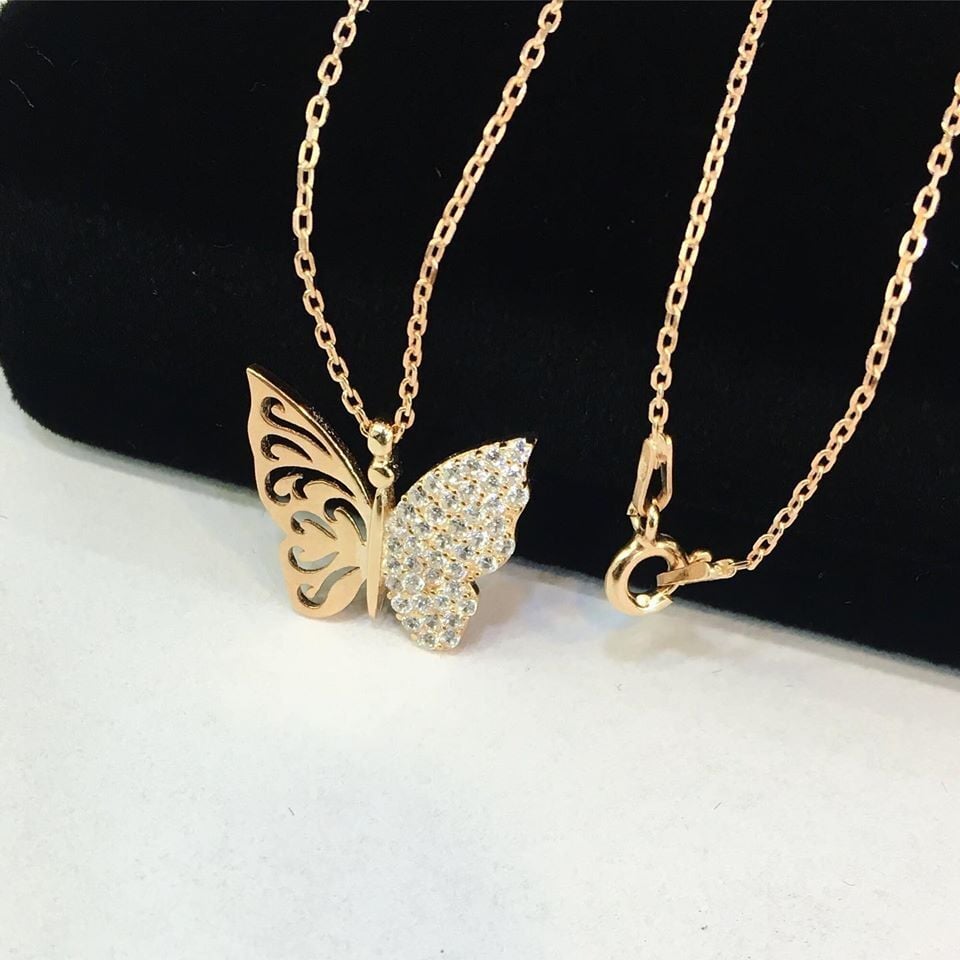 GÜMÜŞ ROSE ZİRKON TAŞLI KELEBEK KOLYE